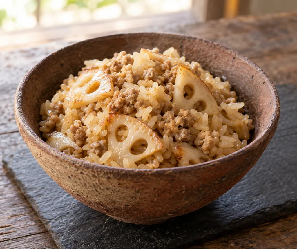 鶏ひき肉とれんこんの混ぜごはんの完成イメージ