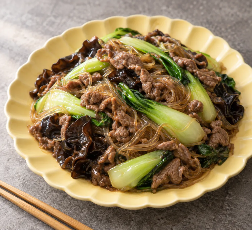 牛薄切り肉とチンゲン菜の春巻き風炒めの完成イメージ