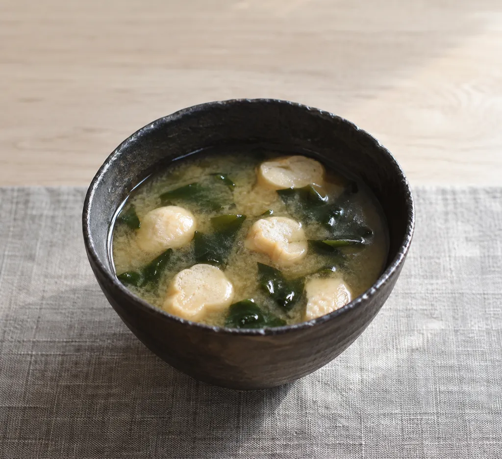 麩と乾燥わかめの即席味噌汁の完成イメージ