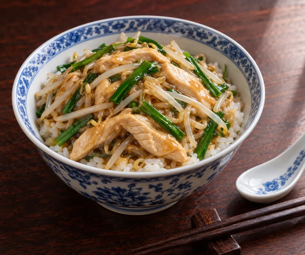 鶏むね肉ともやしの中華丼の完成イメージ