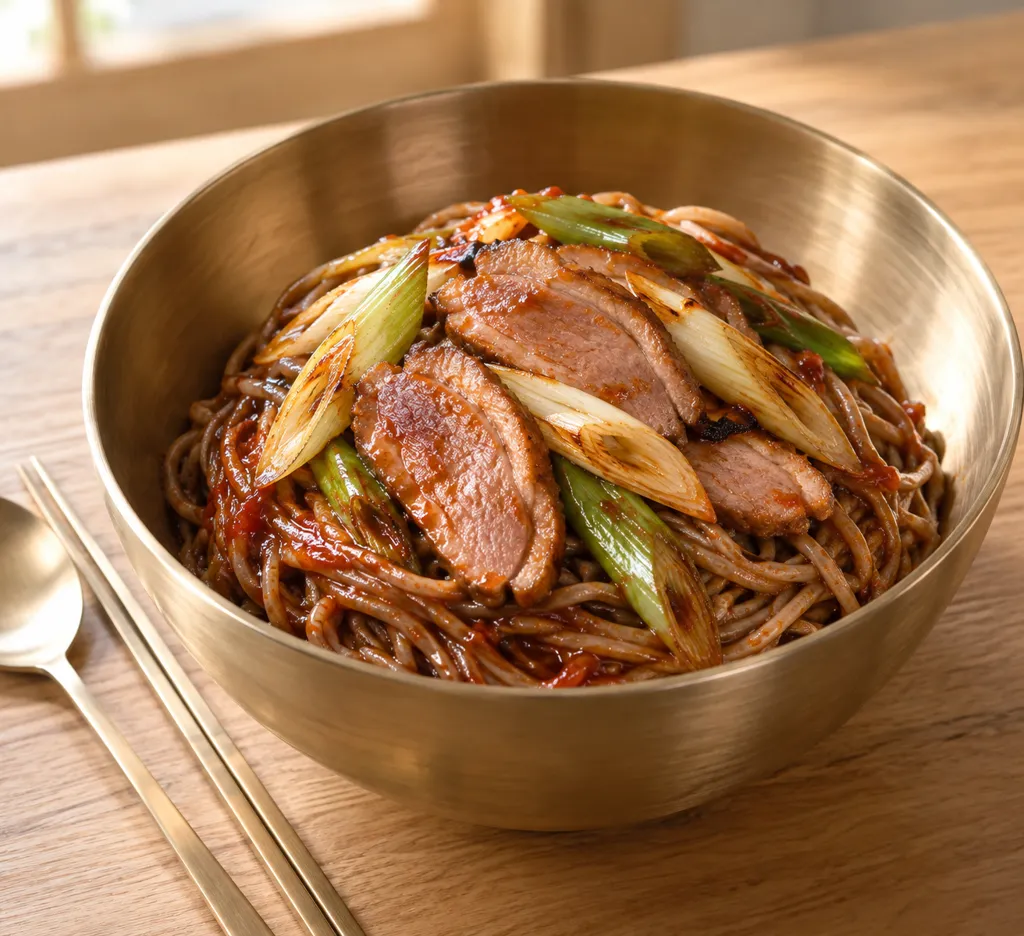 鴨肉とねぎのそばビビン麺の完成イメージ