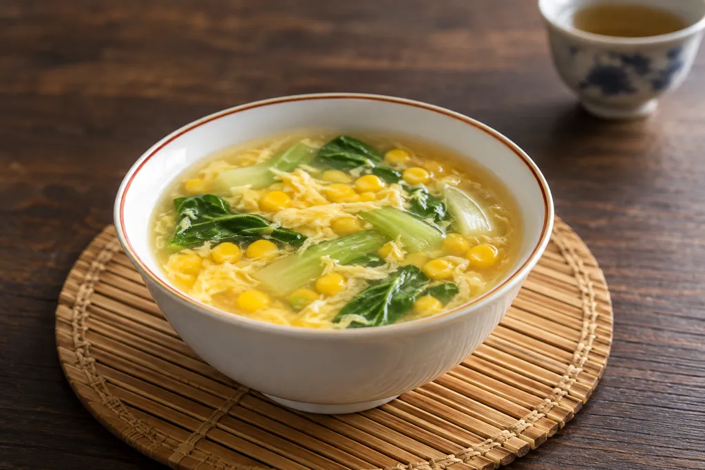 チンゲン菜と卵の中華コーンスープの完成イメージ