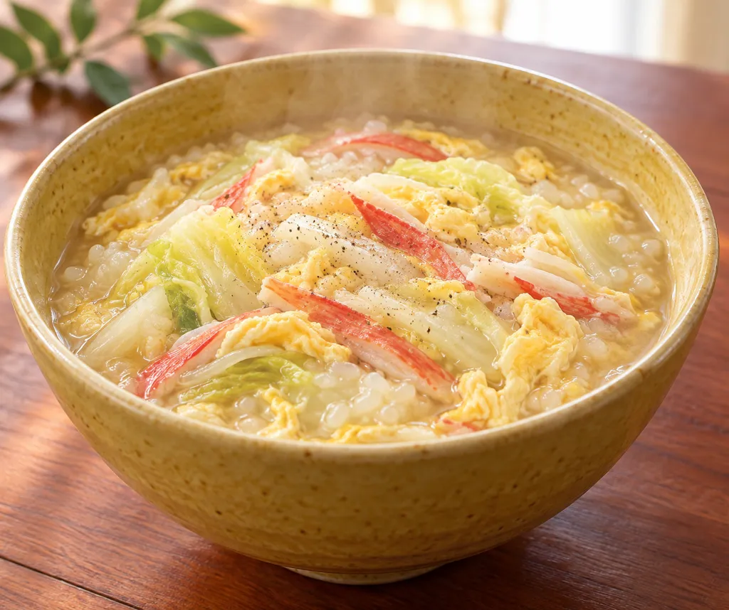 かにかまと白菜の卵雑炊の完成イメージ