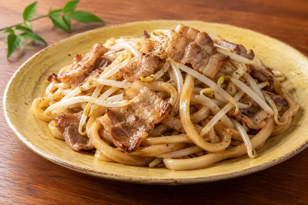 豚バラ肉ともやしの和風焼きうどんの完成イメージ