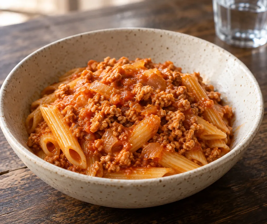 鶏ひき肉と玉ねぎのミートソースペンネの完成イメージ
