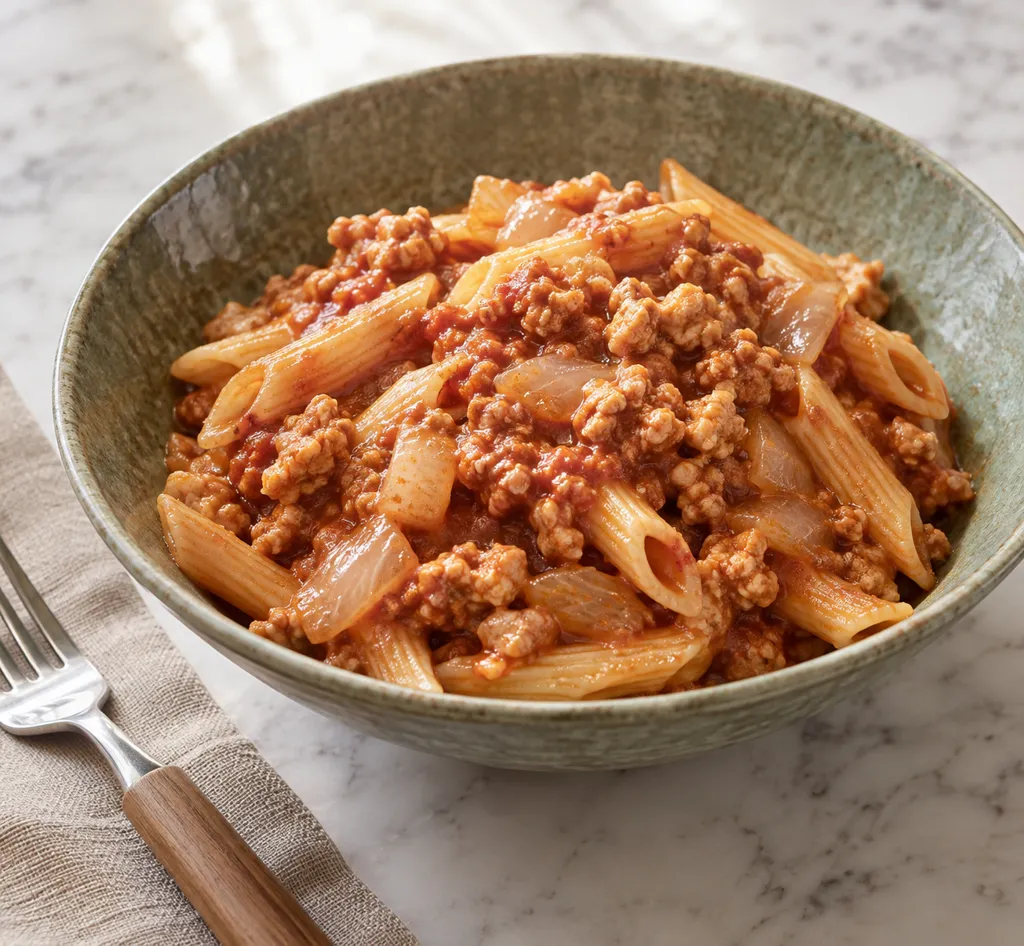 鶏ひき肉と新玉ねぎのミートソースペンネの完成イメージ