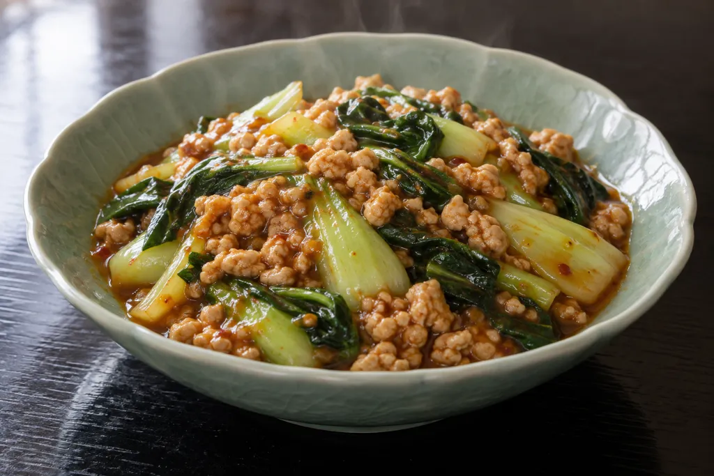 鶏ひき肉とチンゲン菜の麻婆炒めの完成イメージ