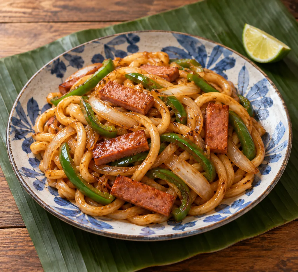 ランチョンミートと玉ねぎの焼きうどんの完成イメージ