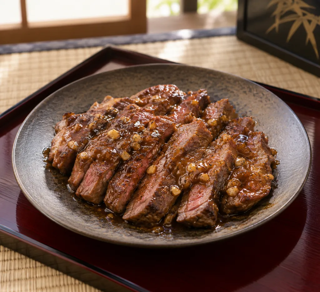 牛ステーキ肉のにんにく味噌焼きの完成イメージ