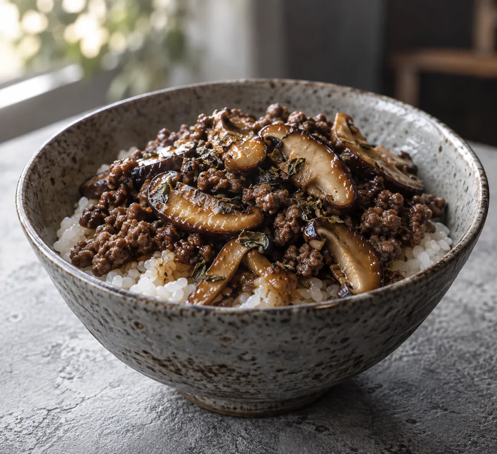 牛ひき肉としいたけのバジル炒めごはんの完成イメージ