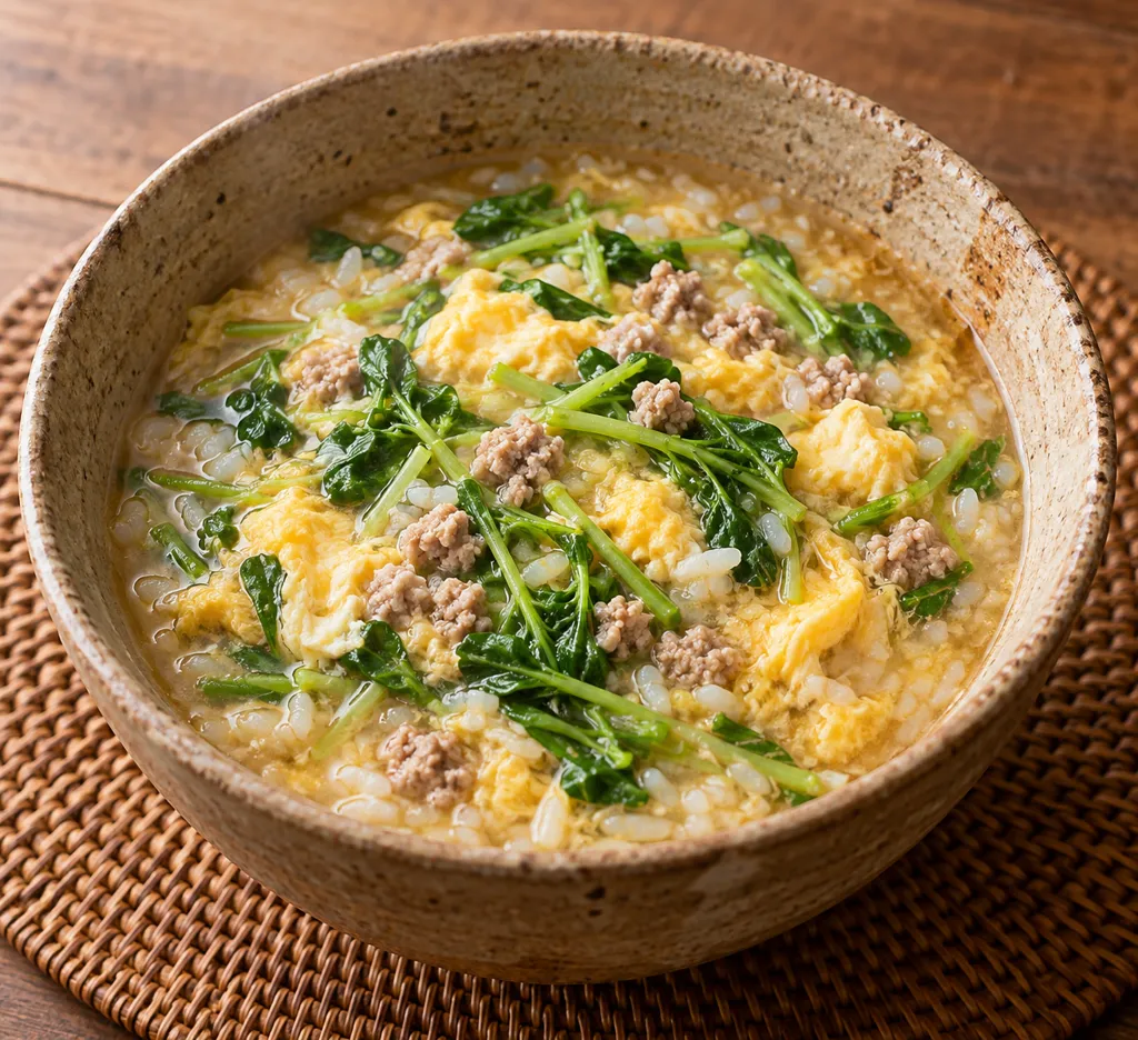 豚ひき肉と豆苗の卵雑炊の完成イメージ