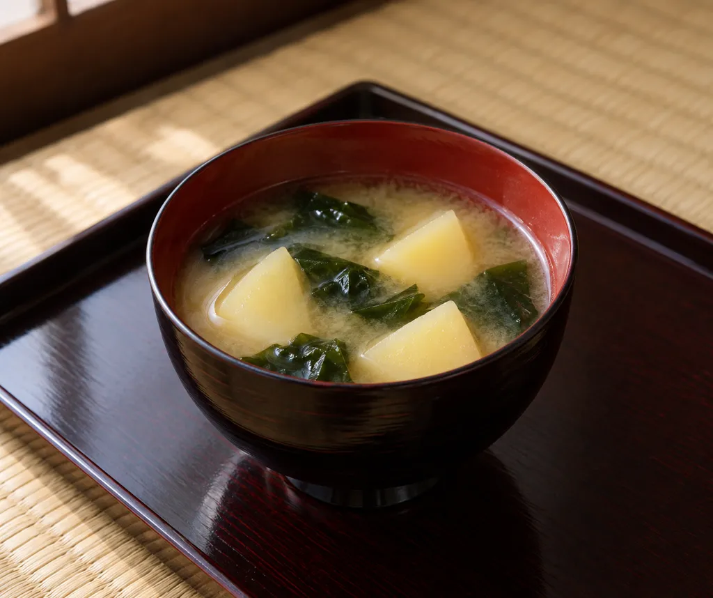 じゃがいもと乾燥わかめの味噌汁の完成イメージ