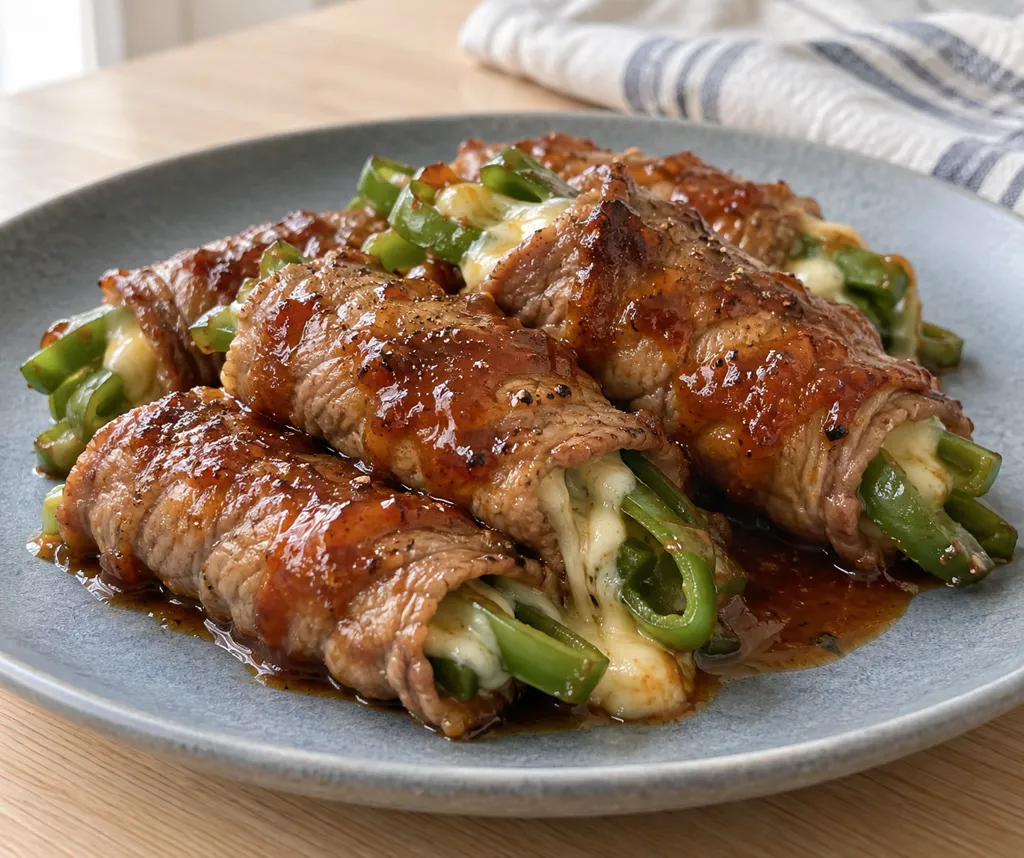 牛薄切り肉とピーマンのチーズ巻き焼きの完成イメージ