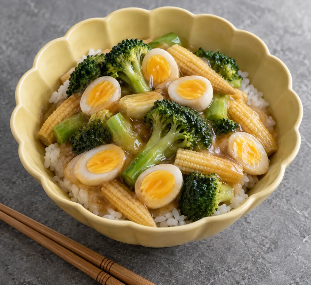 うずらの卵とブロッコリーのあんかけ丼の完成イメージ