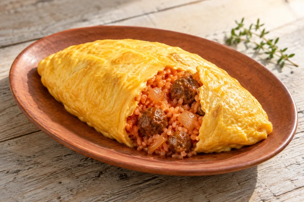 ミートボールと玉ねぎのオムライスの完成イメージ