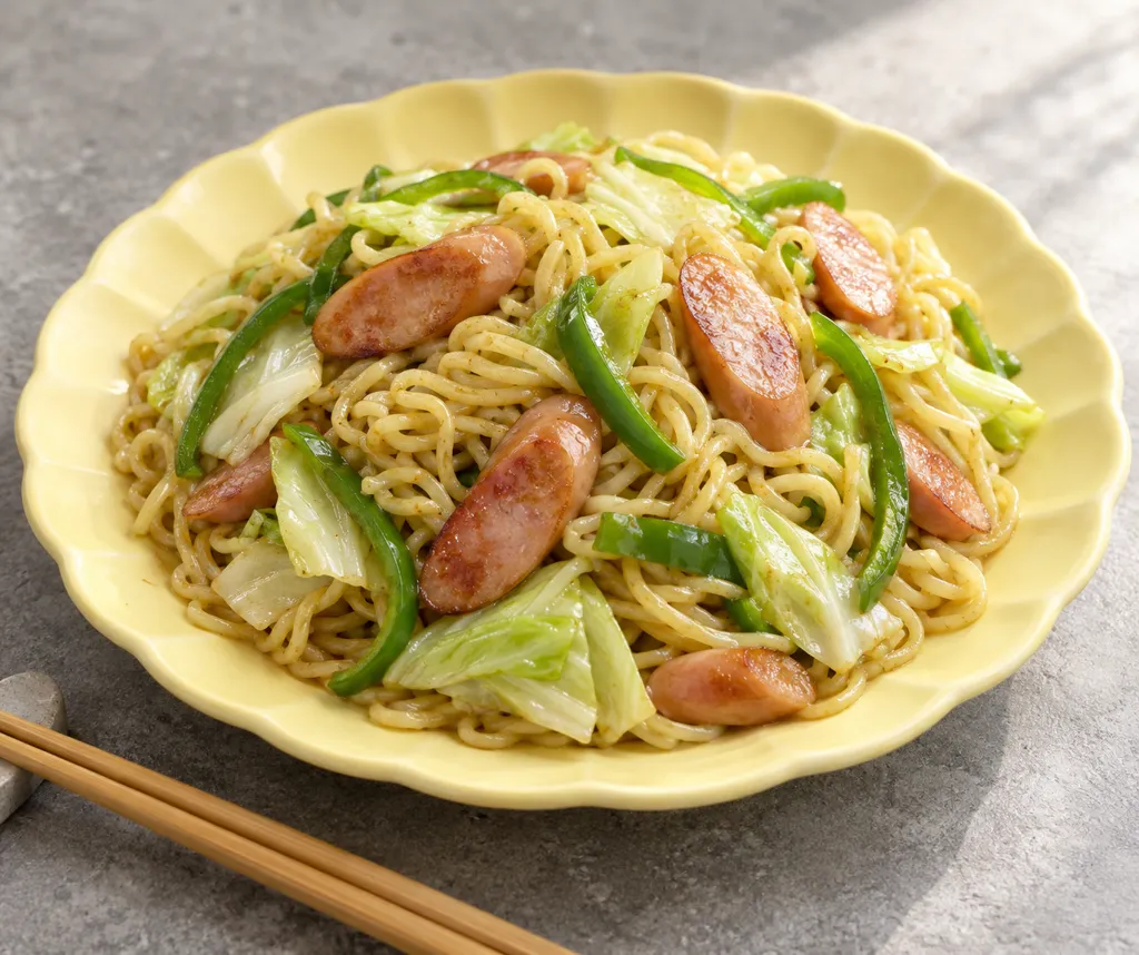 ウインナーとキャベツの中華塩焼きそばの完成イメージ