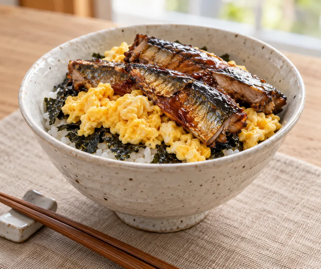 さんまと卵ののり弁風丼の完成イメージ