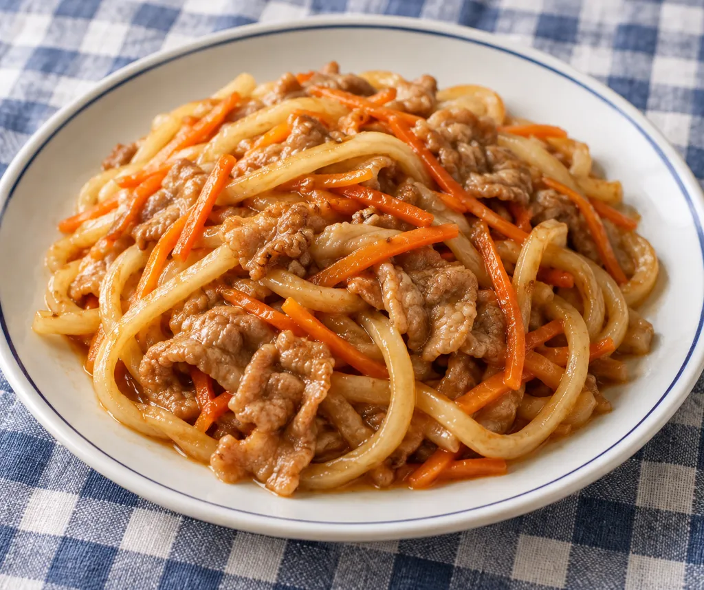 豚こま肉とにんじんの味噌醤油焼きうどんの完成イメージ