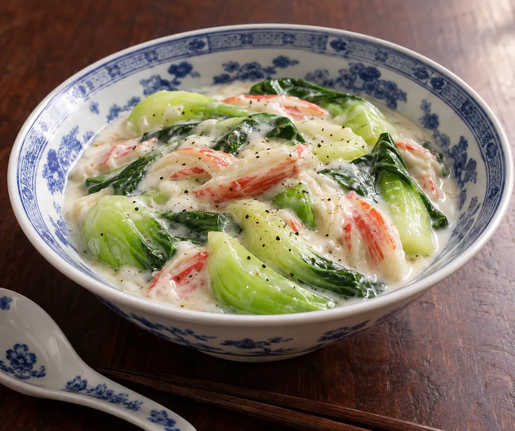 かにかまとチンゲン菜の中華ミルク煮の完成イメージ
