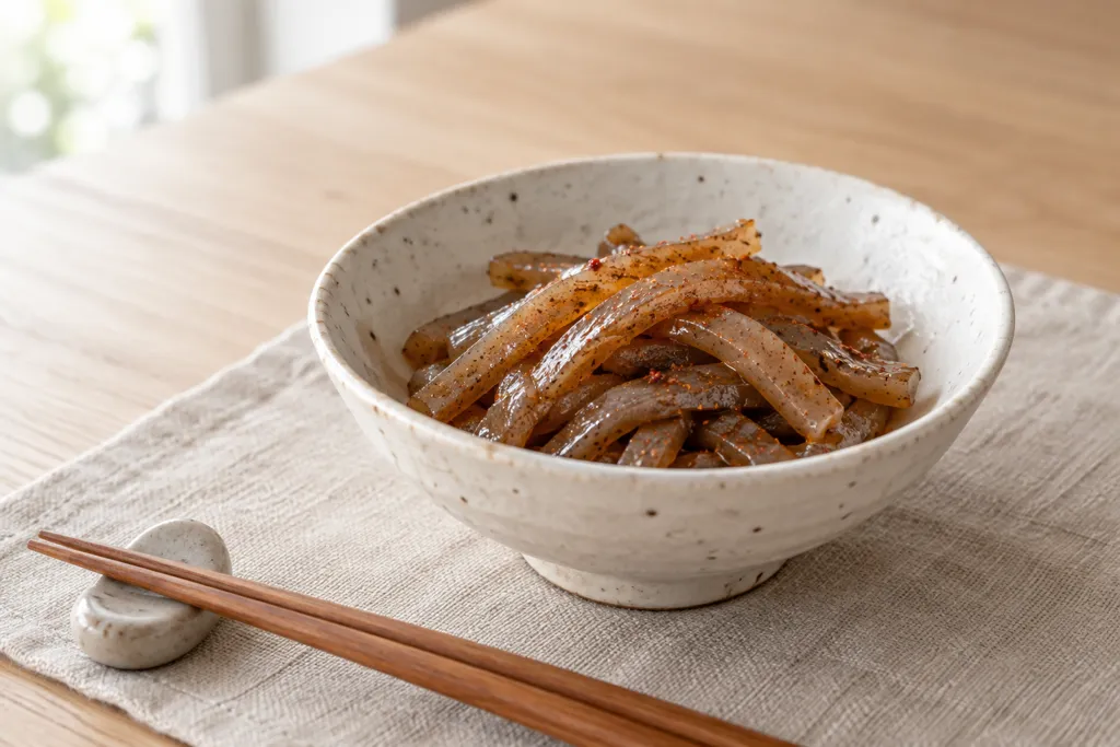 こんにゃくと七味唐辛子のきんぴらの完成イメージ