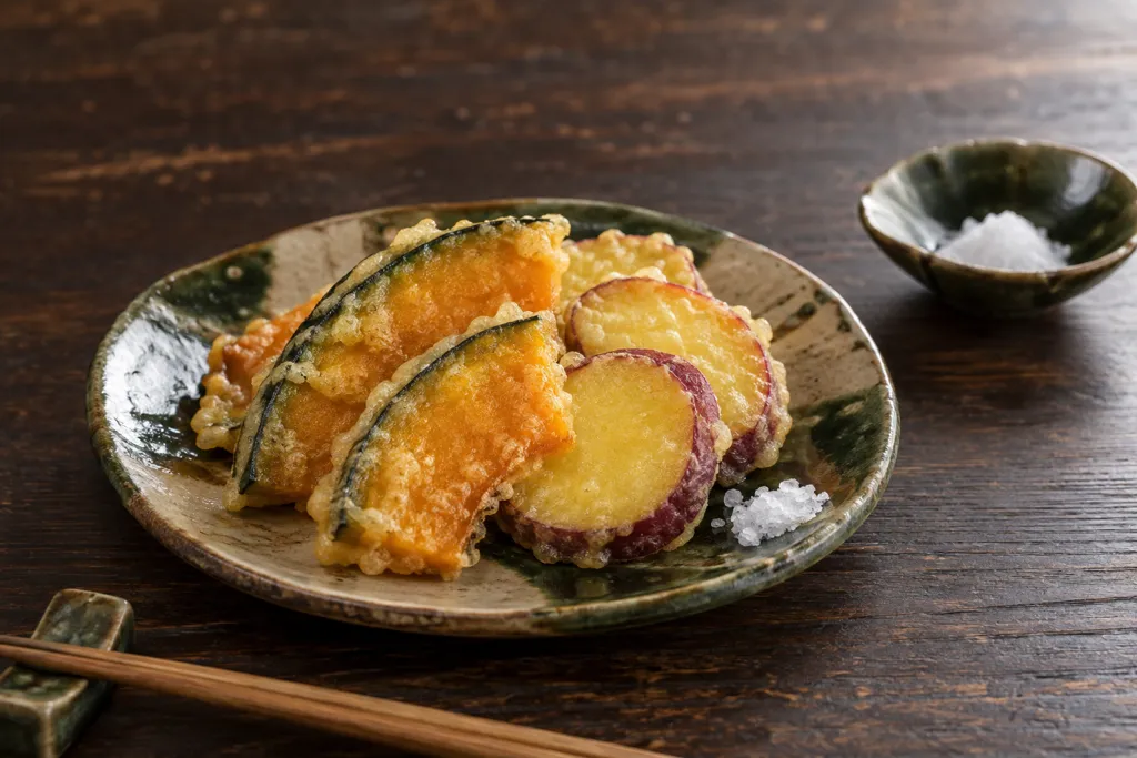 かぼちゃとさつまいもの薄衣揚げ焼きの完成イメージ