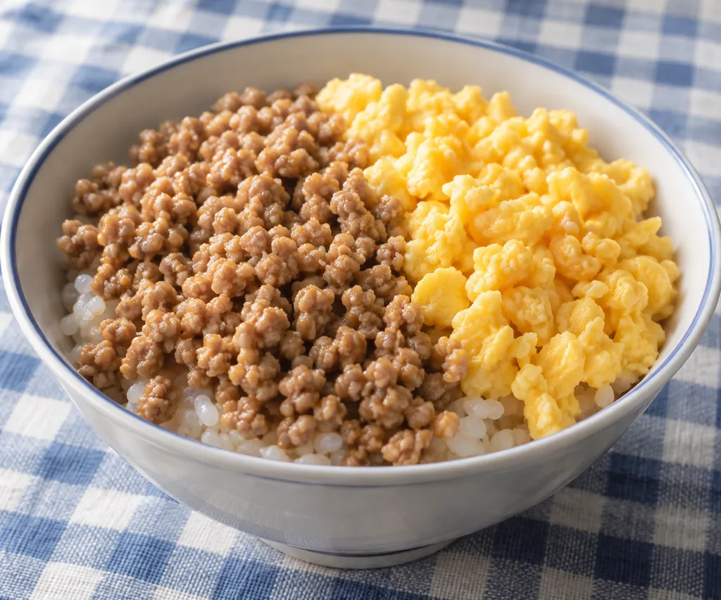 時短鶏そぼろと卵の二色丼の完成イメージ