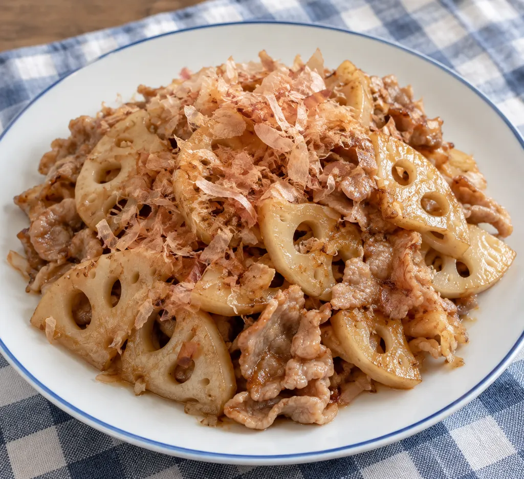 豚こま肉とれんこんのおかか炒めの完成イメージ