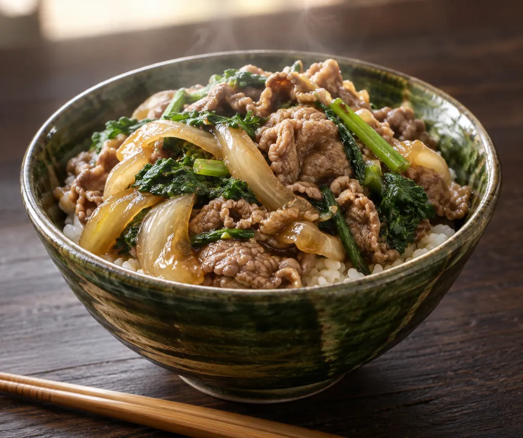 春菊と玉ねぎの牛こま丼の完成イメージ