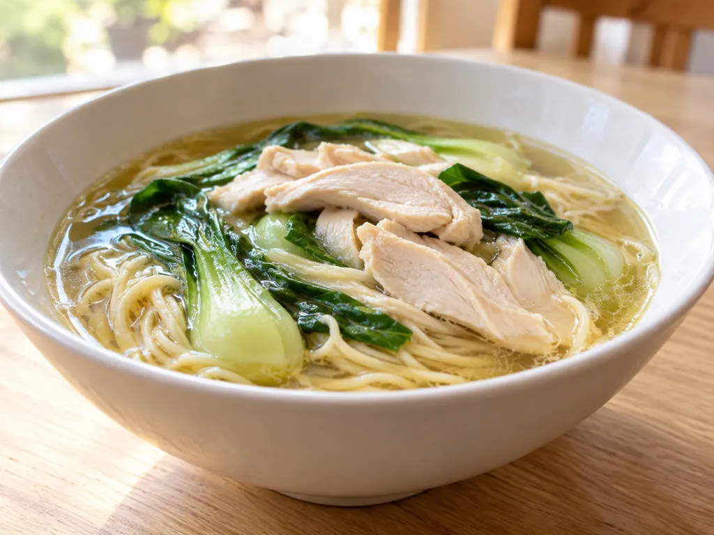 時短鶏むね肉とチンゲン菜の中華スープ麺の完成イメージ