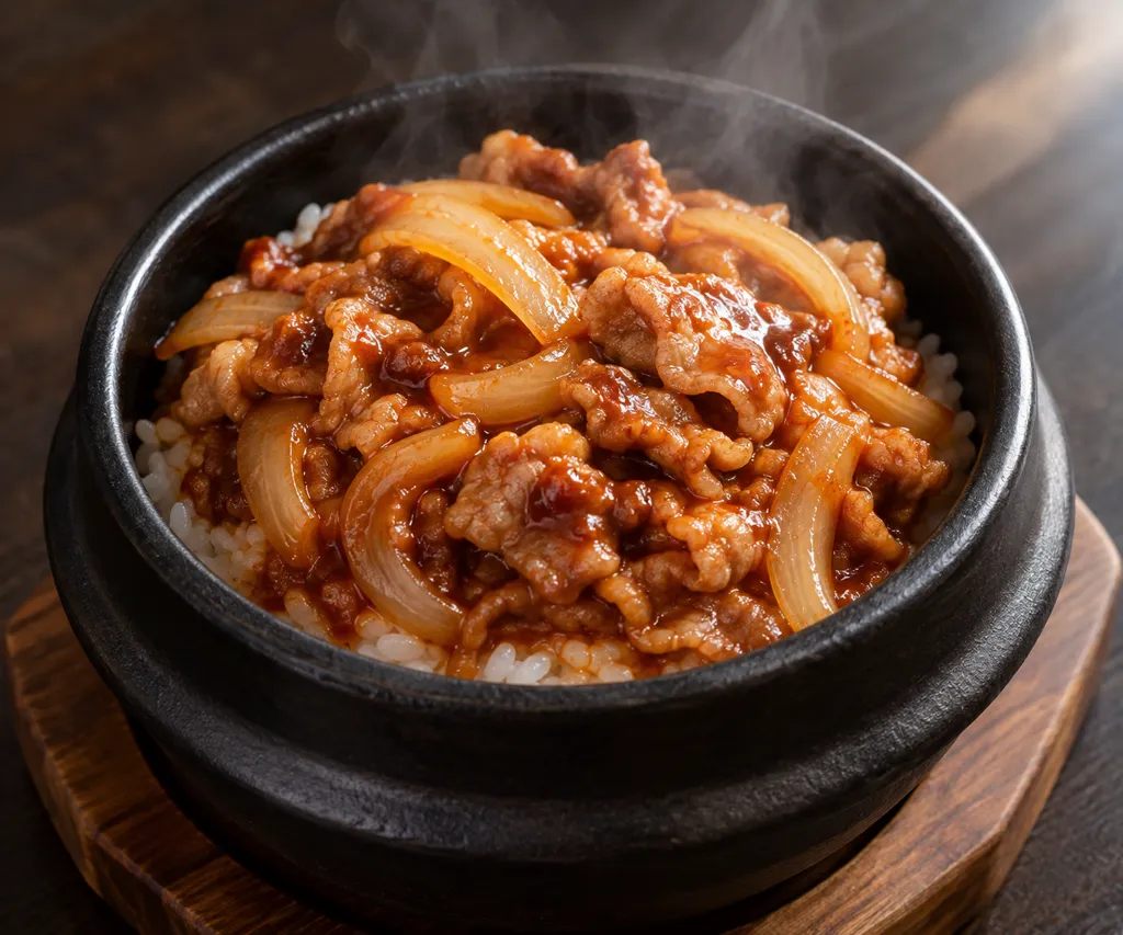 時短豚こま肉と玉ねぎの韓国甘辛丼の完成イメージ