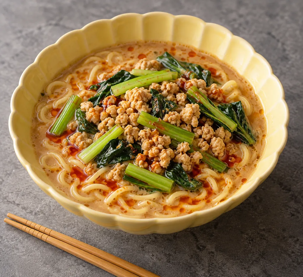 豚ひき肉とほうれん草の担々麺風の完成イメージ