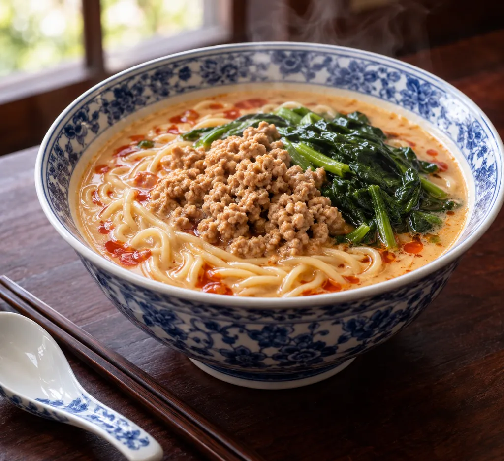 鶏ひき肉とほうれん草のまろやか担々麺の完成イメージ