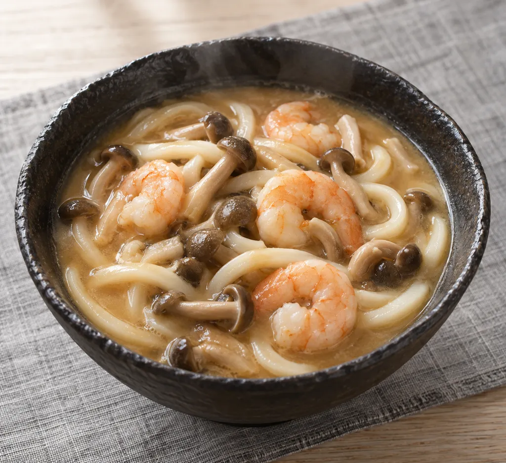 えびとしめじの味噌煮込みうどんの完成イメージ