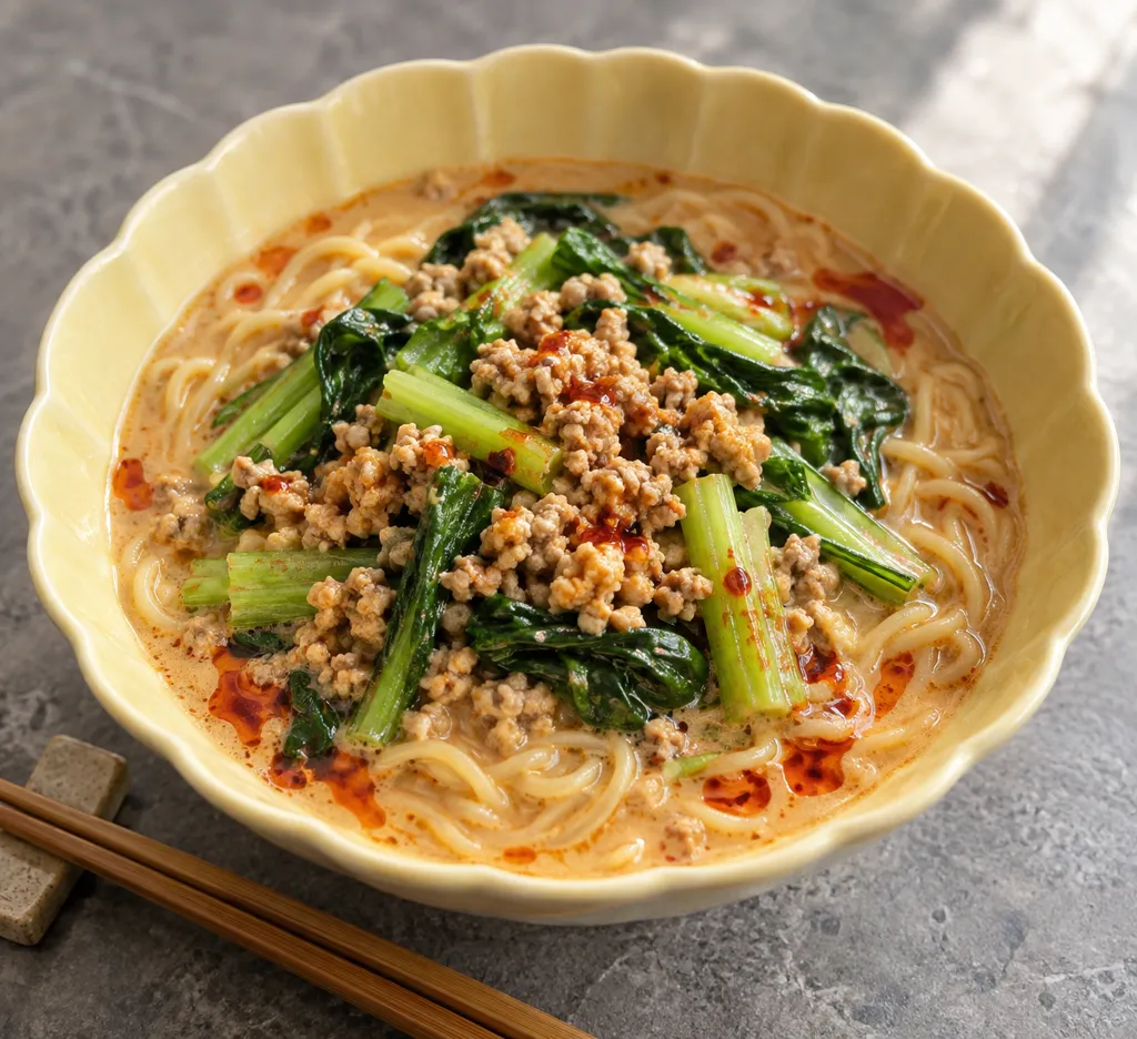 鶏ひき肉と小松菜の味噌担々麺の完成イメージ