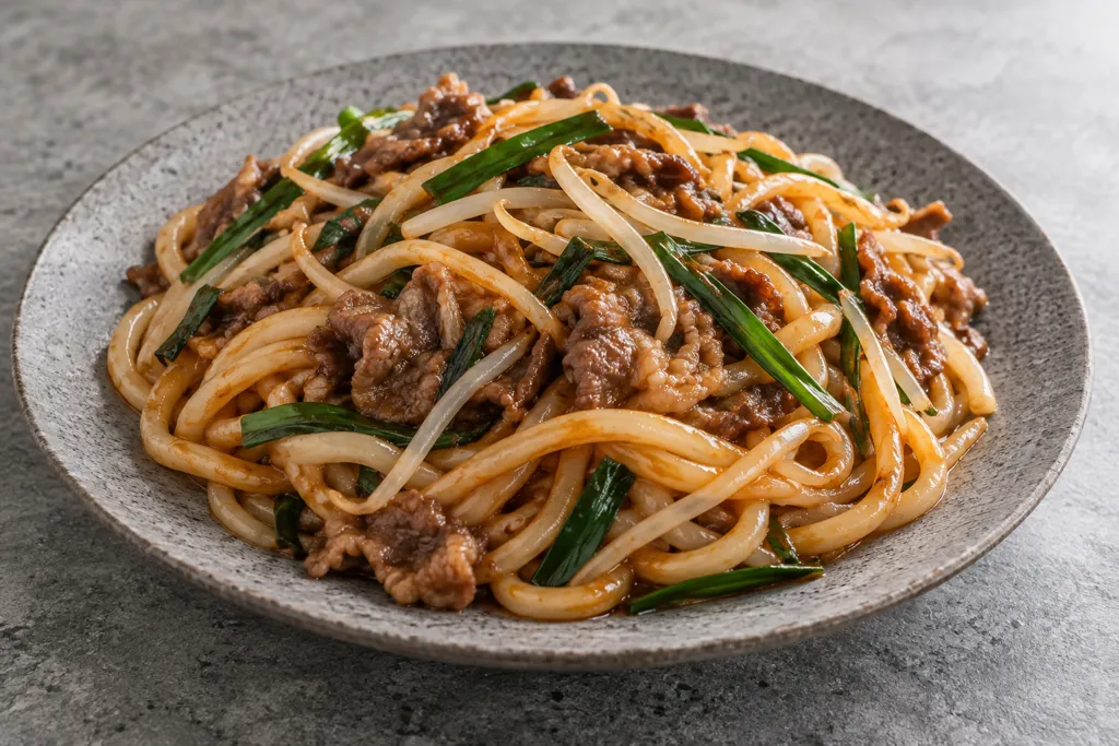 牛薄切り肉とニラの韓国辛うどんの完成イメージ