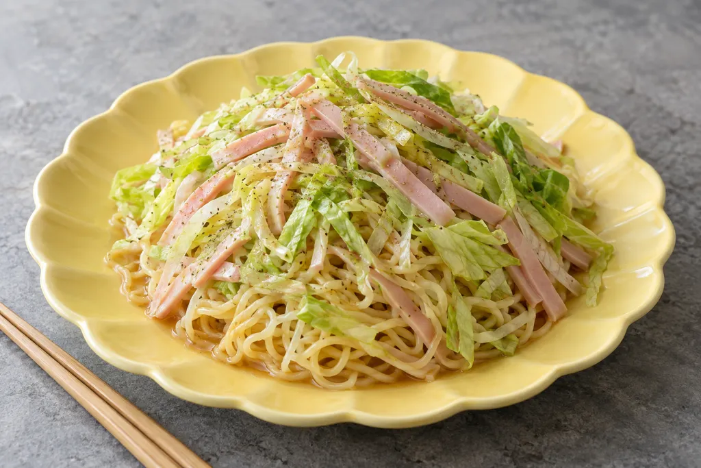 ハムとレタスの冷やし中華の完成イメージ