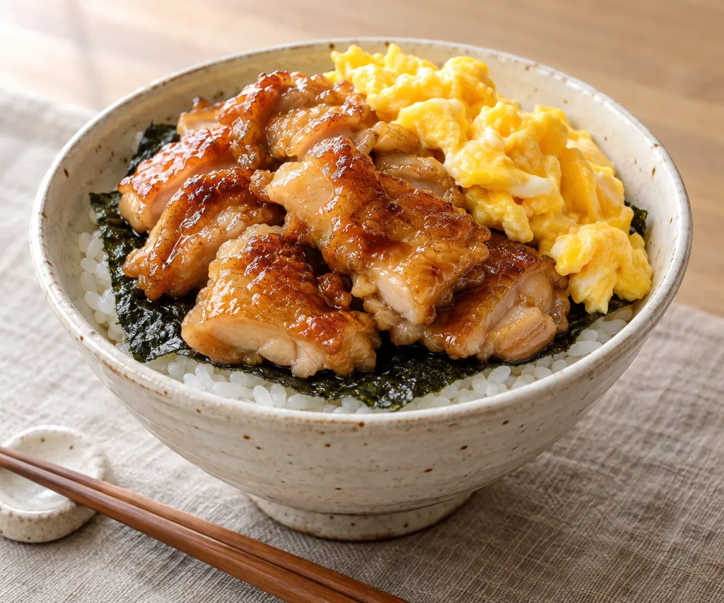 鶏もも肉と卵ののり弁風丼の完成イメージ
