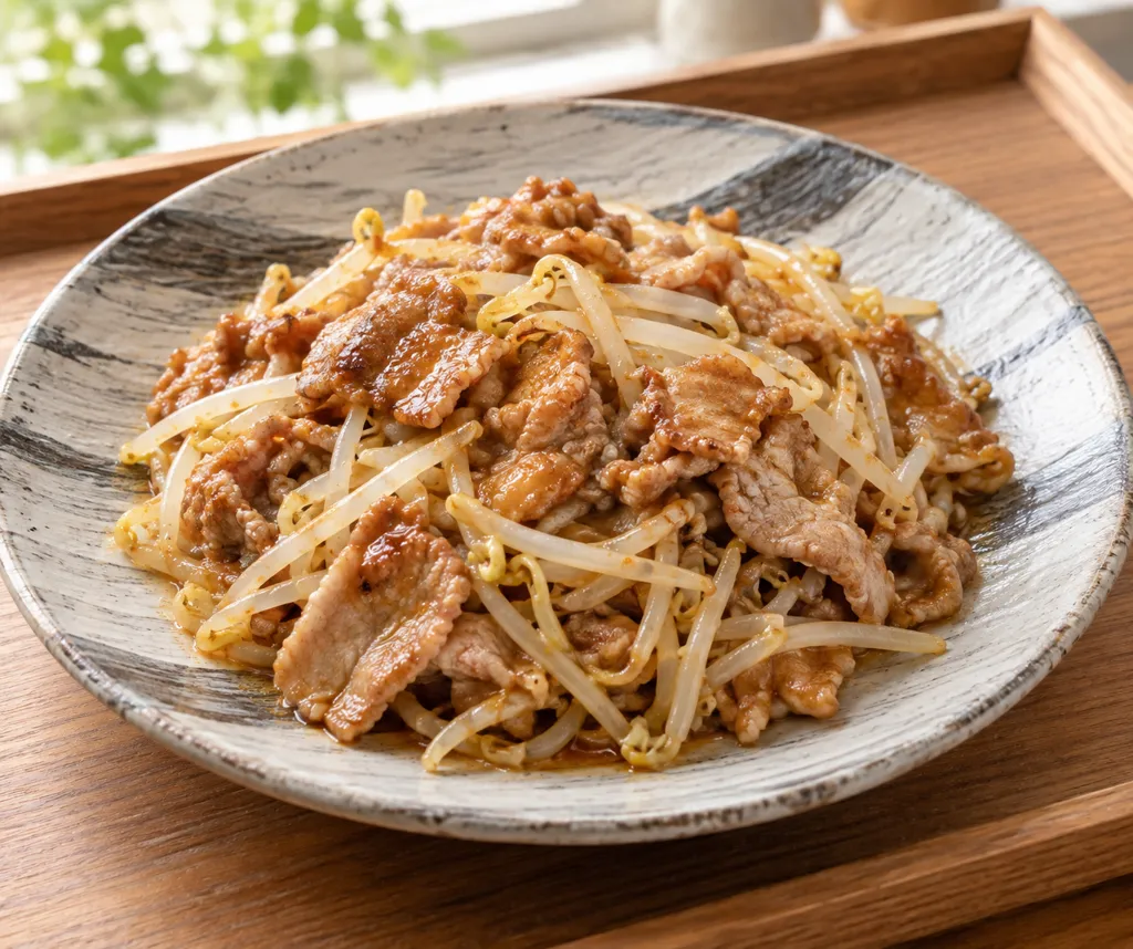 豚こま肉ともやしの味噌焼きの完成イメージ