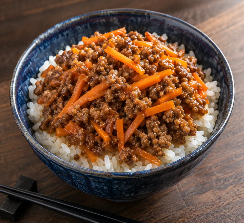 牛肉とにんじんの味噌そぼろ丼の完成イメージ