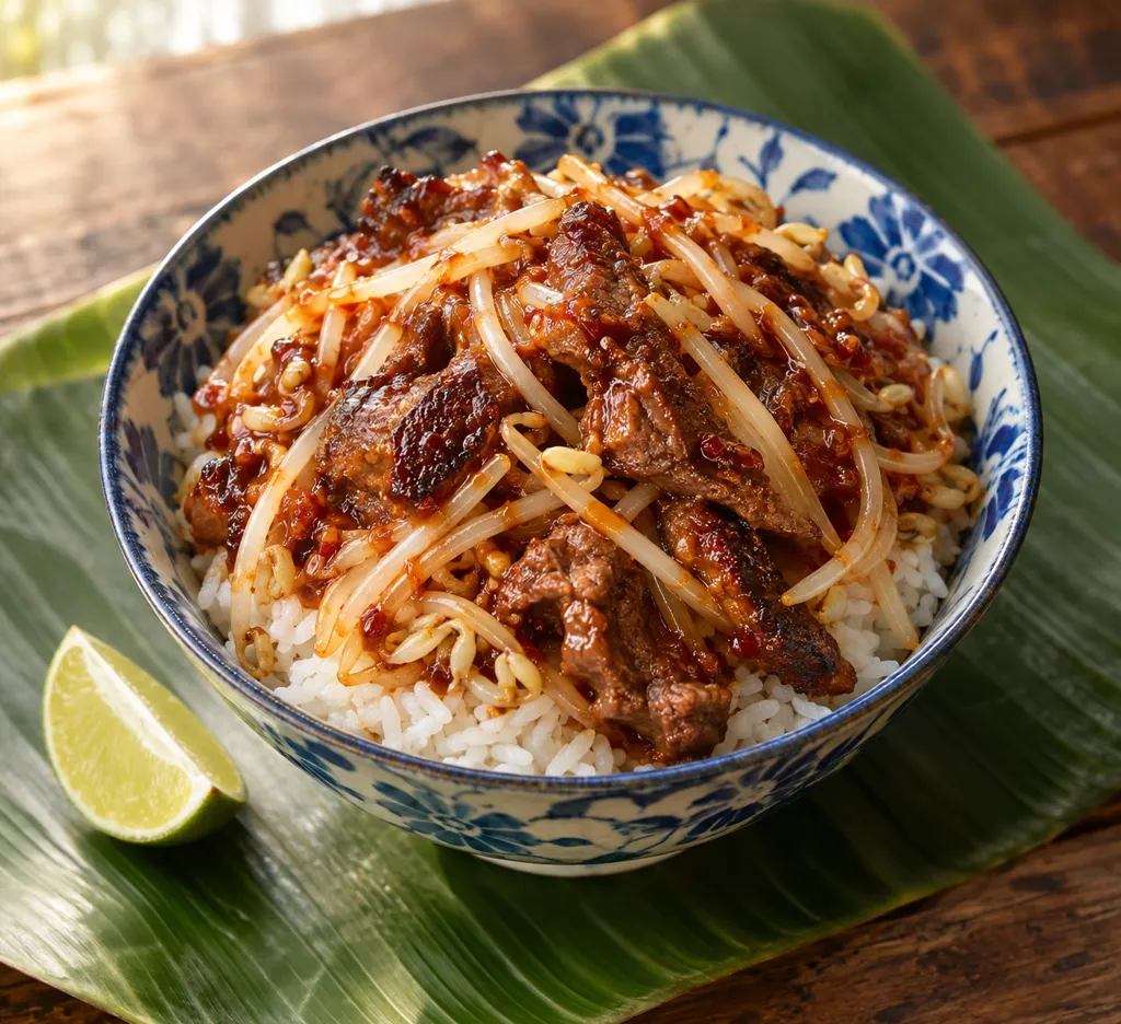 ラム肉ともやしの韓国甘辛丼の完成イメージ