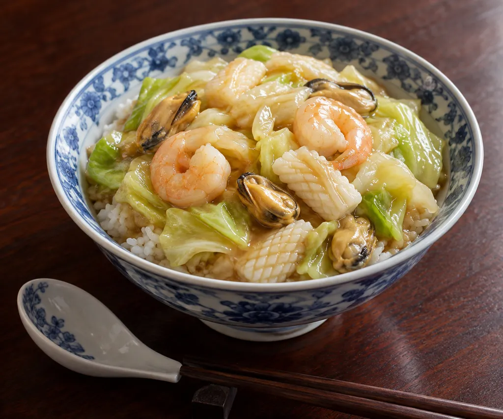 海鮮とキャベツの中華丼の完成イメージ