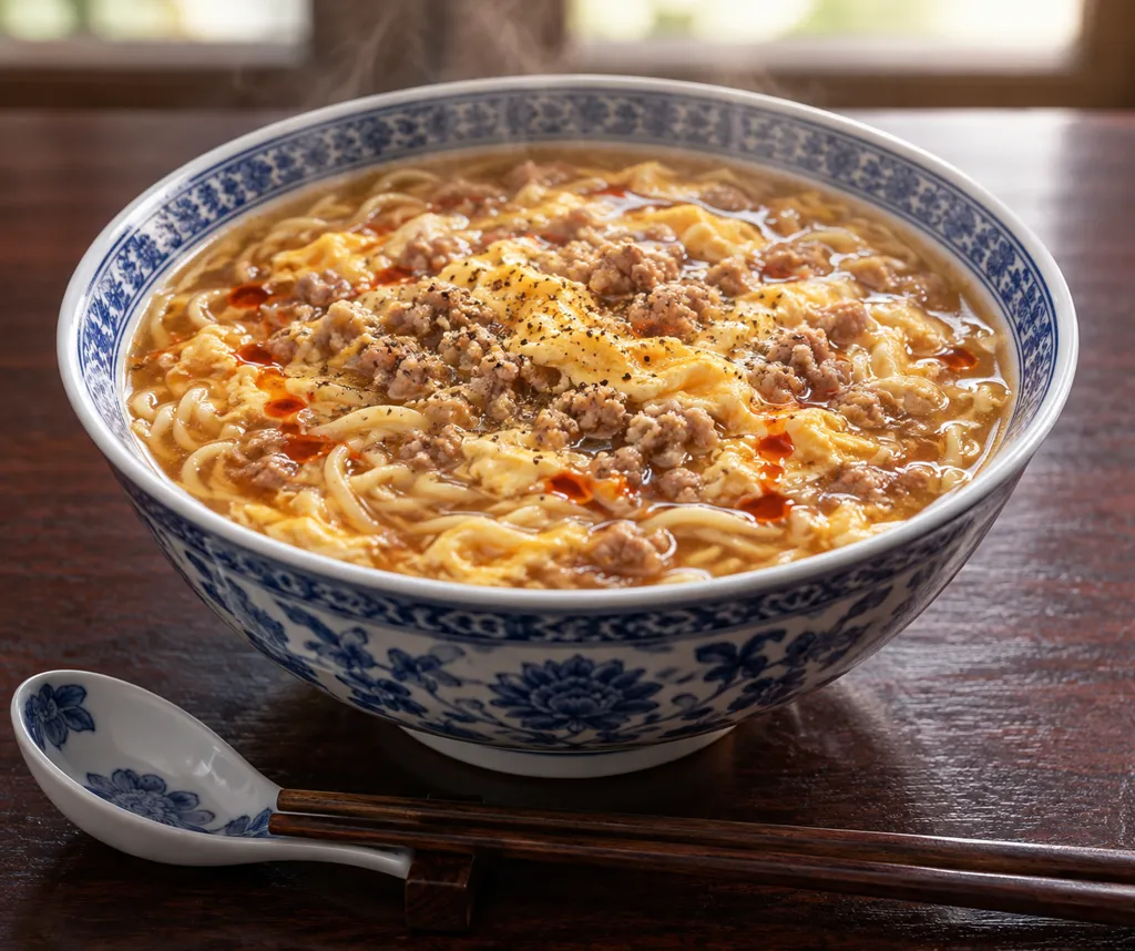 豚ひき肉と卵の酸辣湯麺の完成イメージ