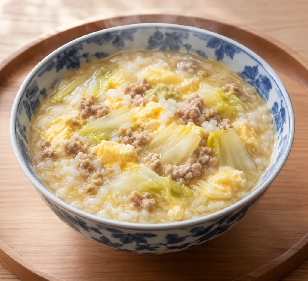 豚ひき肉と白菜の卵雑炊の完成イメージ