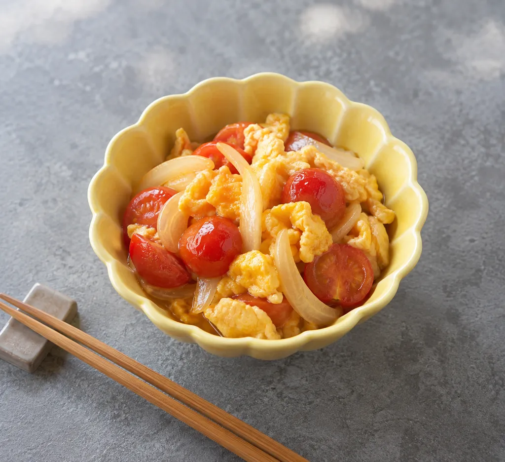 ミニトマトと玉ねぎの卵炒めの完成イメージ