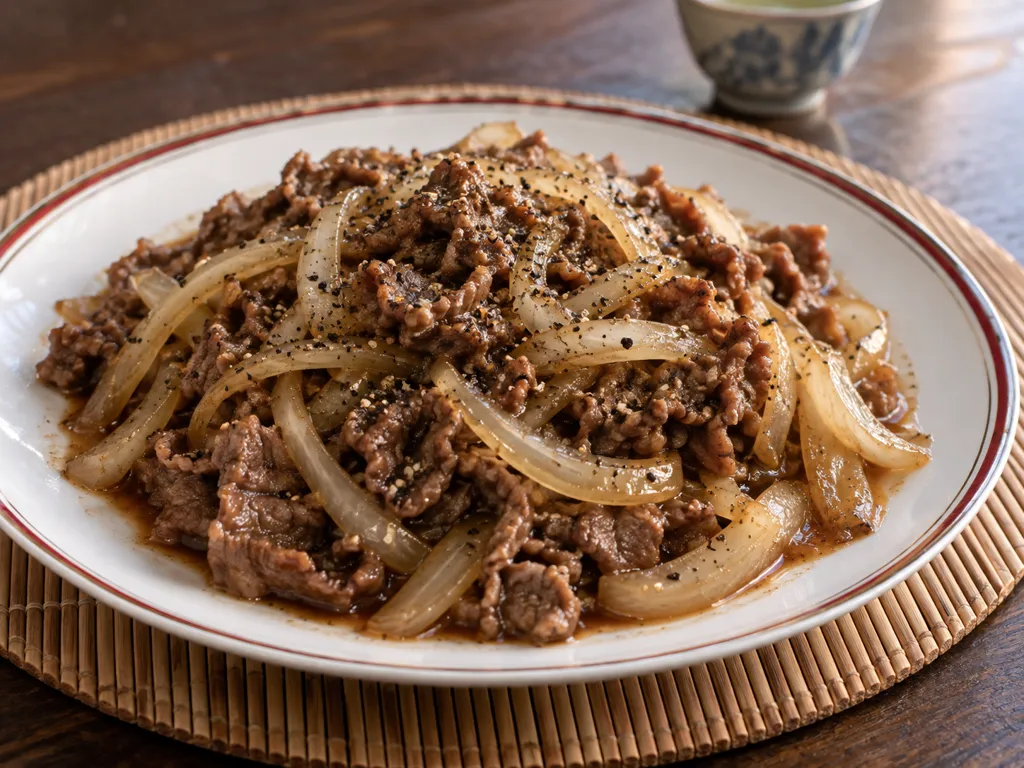 牛薄切り肉と玉ねぎの黒こしょう炒めの完成イメージ