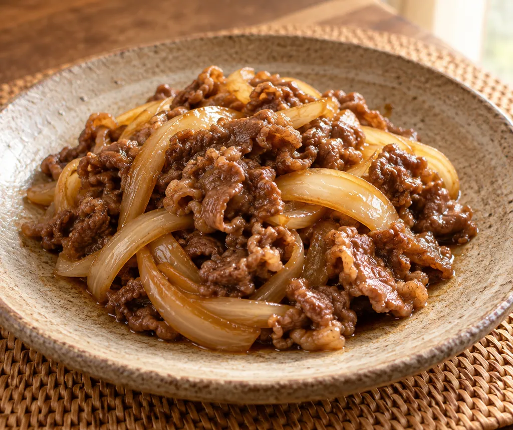 牛こま肉と玉ねぎの甘口醤油炒めの完成イメージ