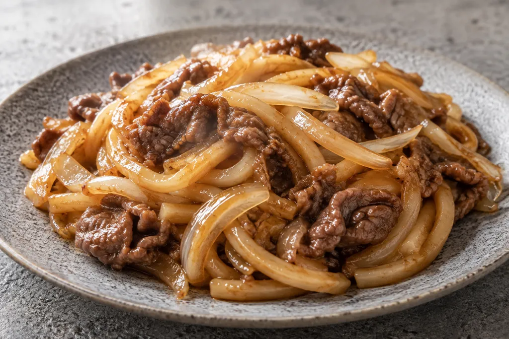 牛こま肉と玉ねぎのエスニック焼きうどんの完成イメージ