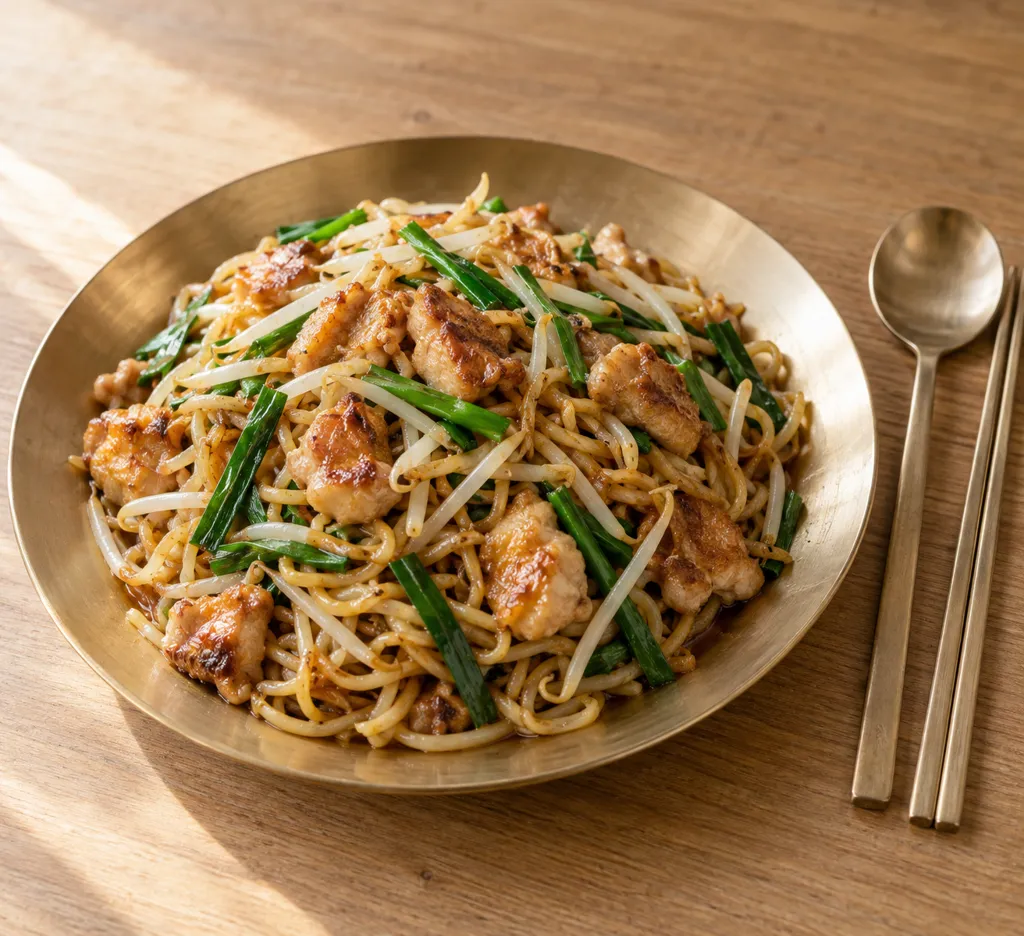 鶏もも肉ともやしの焼きそばの完成イメージ