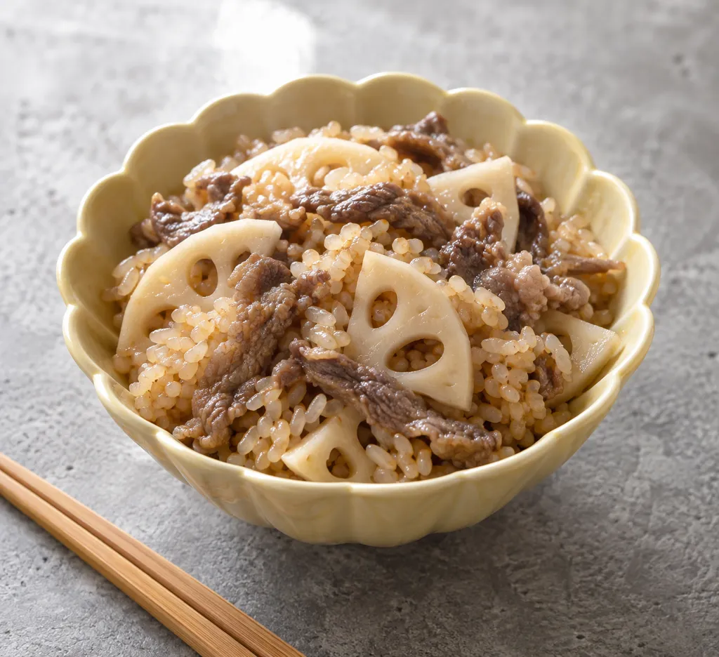 牛こま肉とれんこんの中華炊き込みご飯の完成イメージ