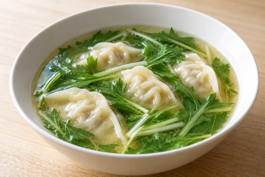 冷凍餃子と水菜の水餃子スープの完成イメージ